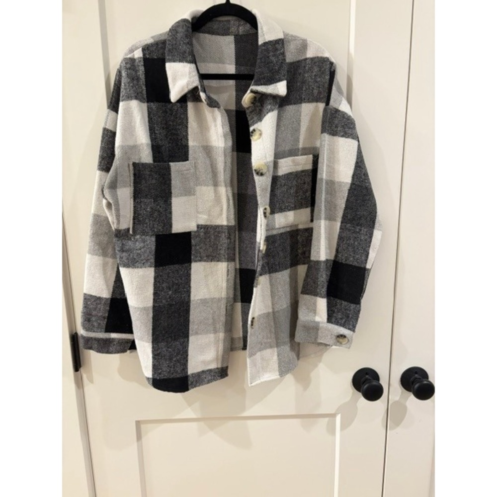 Womens Oversized Buffalo Plaid Shacket Black Grey White Checkered Jacket XL